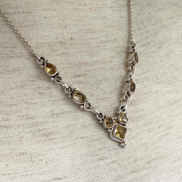 Sterling Silver 925 Multi Gemstone Citrine Collar V Necklace Cable Chain 17" - Picture 12 of 16